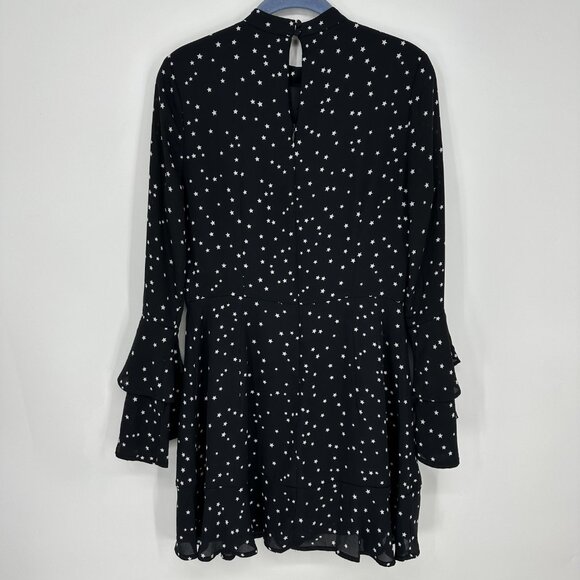 Lucky Brand Star Print Mini Dress M Long Bell Sleeves A Line Black - Picture 3 of 12